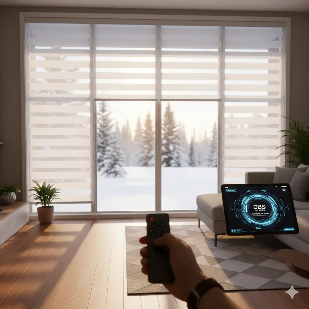motorized blinds Surrey, custom window shades Canada, DBS Blinds, zebra blinds, smart home window treatments, energy-efficient blinds, window coverings Vancouver, professional blinds installation